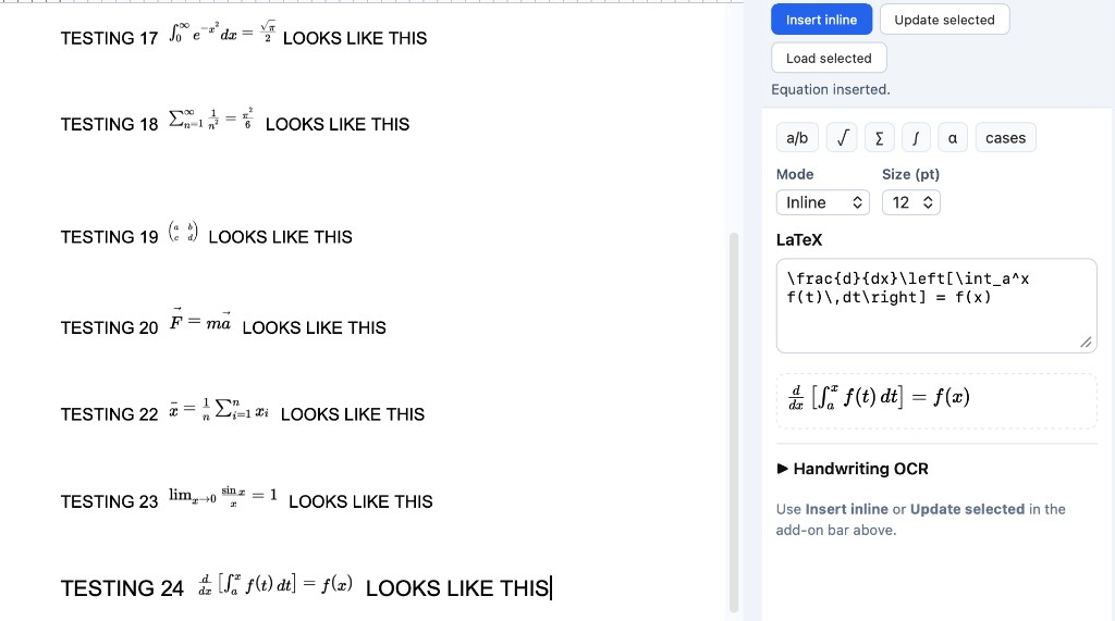 Fundamental Theorem of Calculus inline in Google Docs: d/dx of the integral from a to x of f(t) dt equals f(x), aligned with body text.
